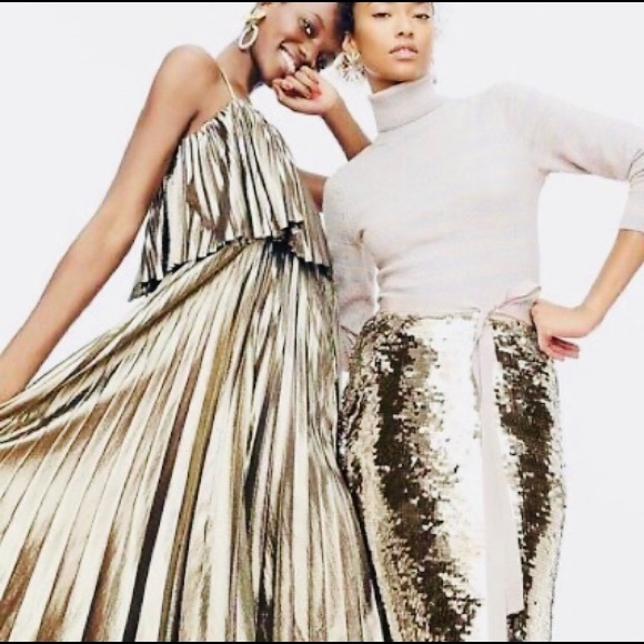 New J crew Collection Gold Lamé Pleated Midi Dress - Picture 8 of 15